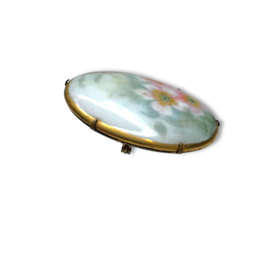 Antique Porcelain Cherry Blossom Brass Brooch - Picture 5 of 6